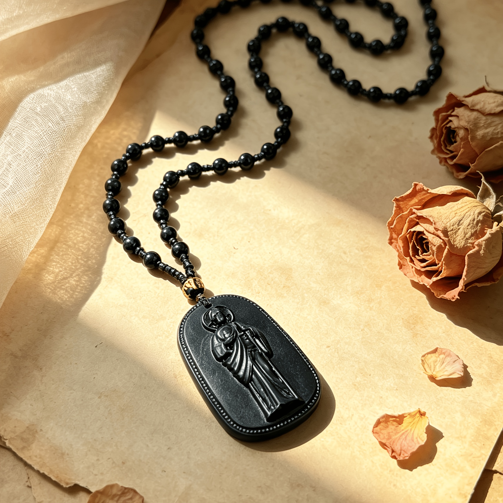 2pc Vintage Black Beaded 3D Embossed Icon Pendant Necklace Set